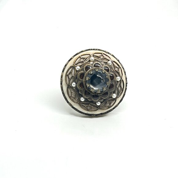 OLIPOP COCKTAIL RING SWEET ROMANCE BRASS FILIGREE FAUX PEARL STATEMENT ORNATE 6 - Picture 1 of 14
